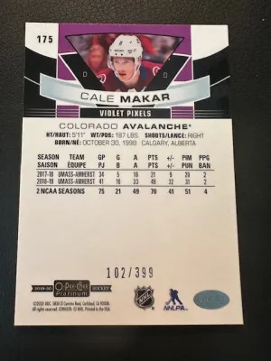 2019 OPC Platinum - Cale Makar - Violet Pixels /399 - Marquee Rookie back